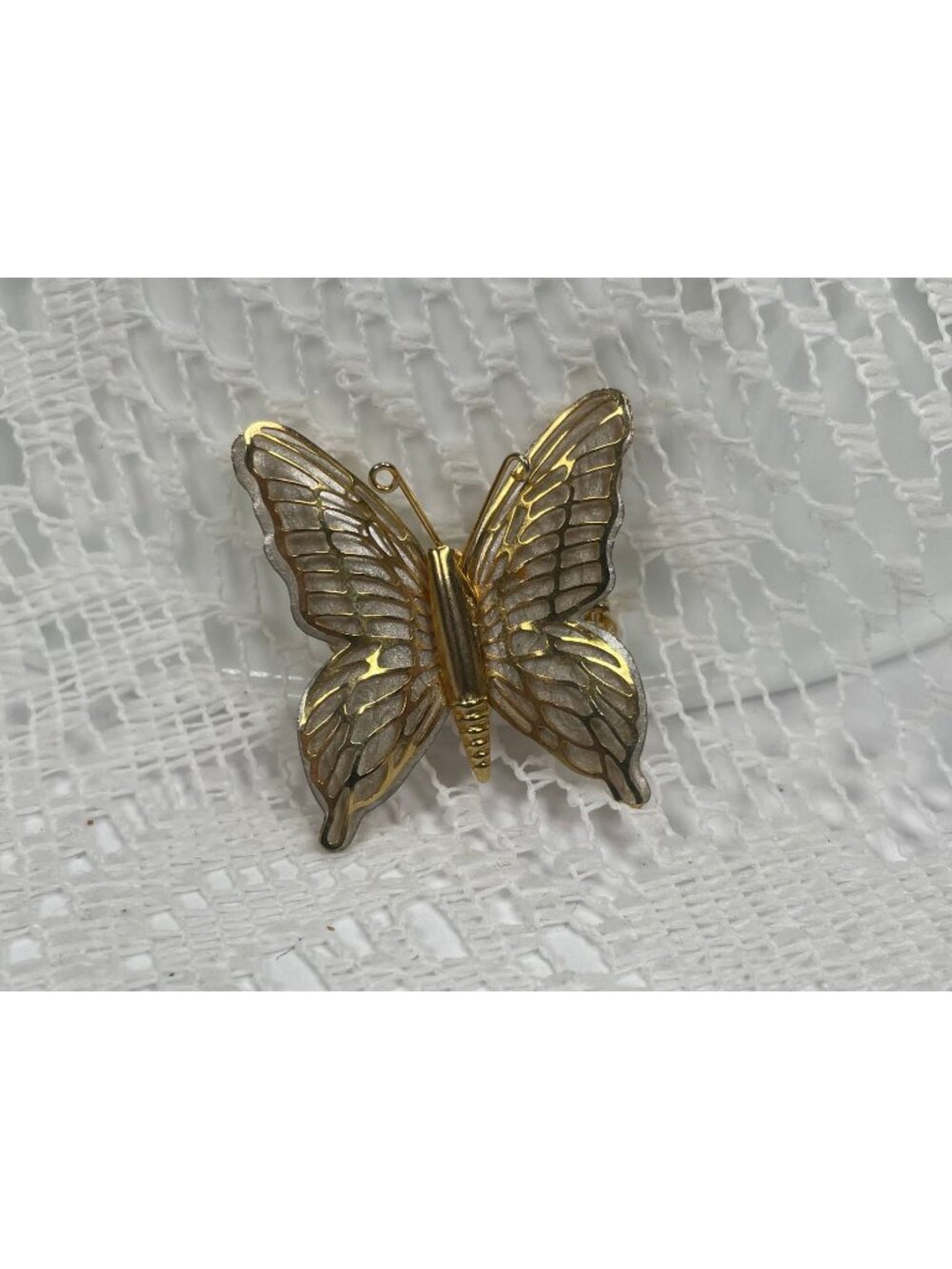 Gold-Tone Butterfly Brooch Pin With Filigree Design & White Accents